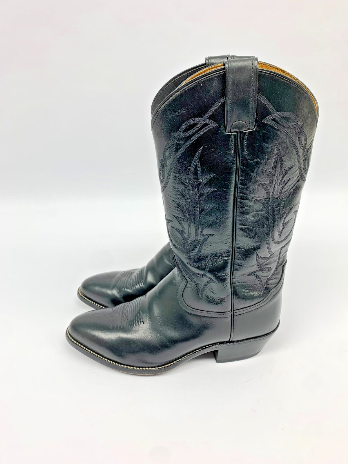 Tony Lama Black Leather Cowboy Boots Men 9.5 EE Wide Made in USA Western photo 5