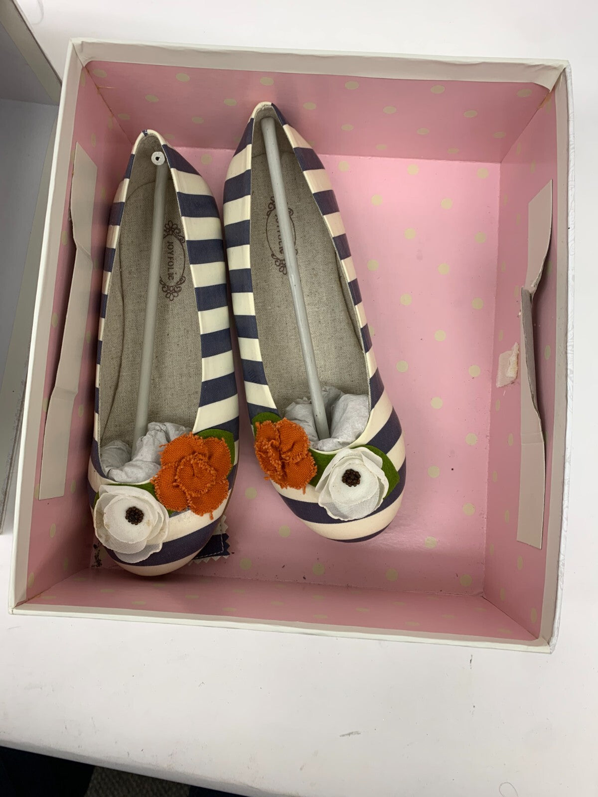Joyfolie Pumpkin Stripe Skimmer Flats Girls Youth 4 Navy/White Floral NIB photo 3