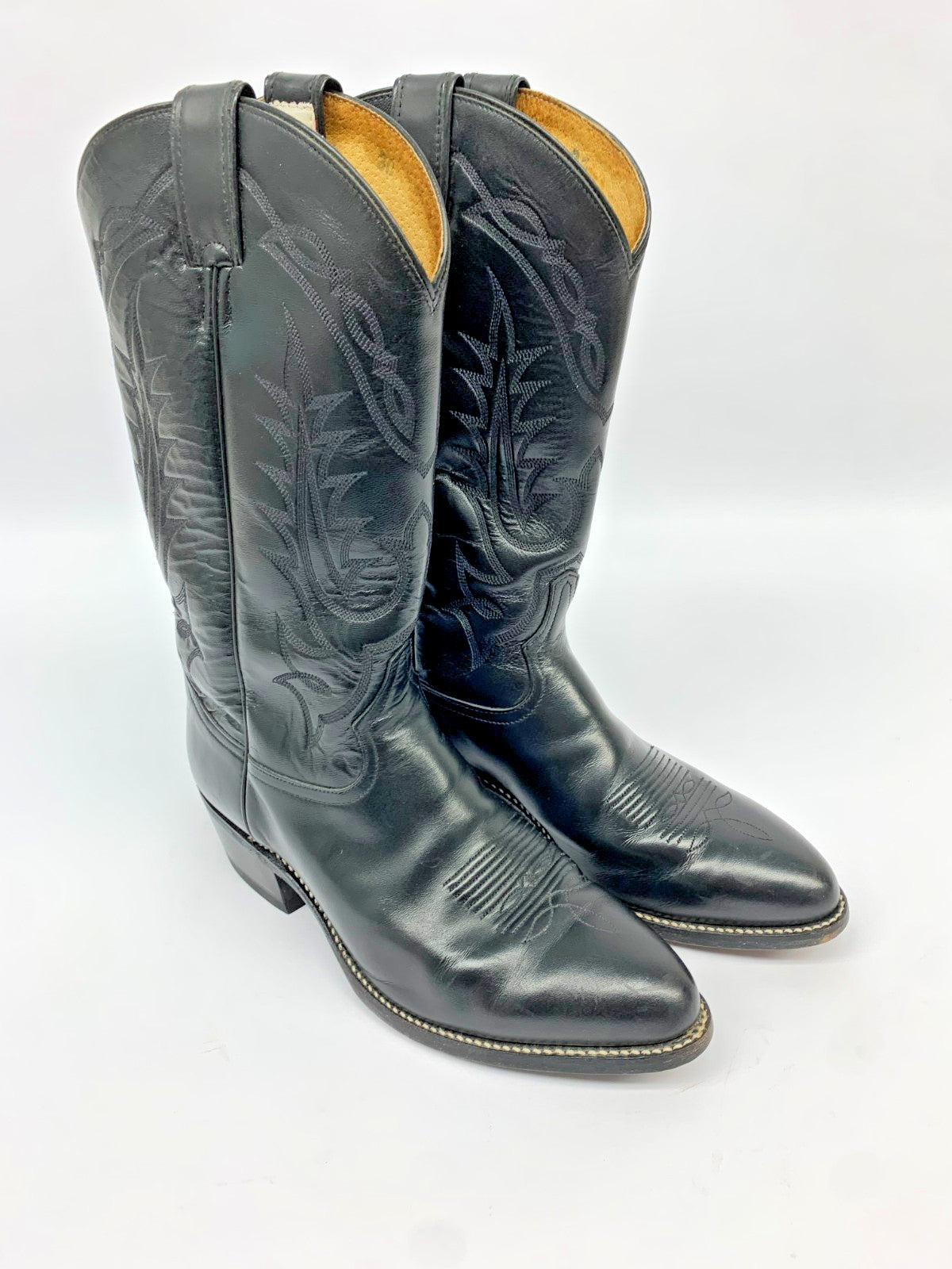 Tony Lama Black Leather Cowboy Boots Men 9.5 EE Wide Made in USA Western photo 2